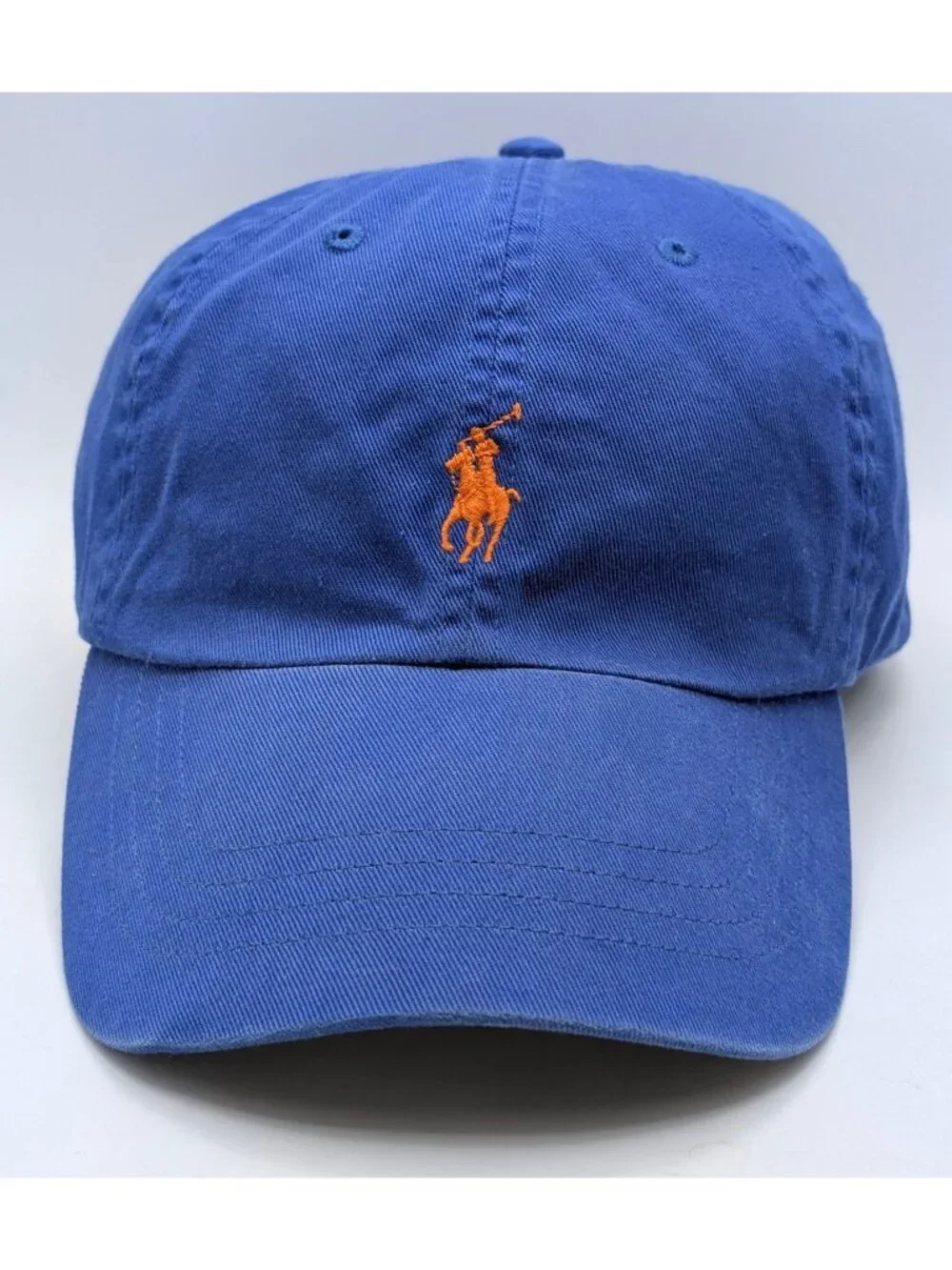 Vintage Polo Ralph Lauren Hat Blue Orange Pony Logo Leather Strap Back Y2K